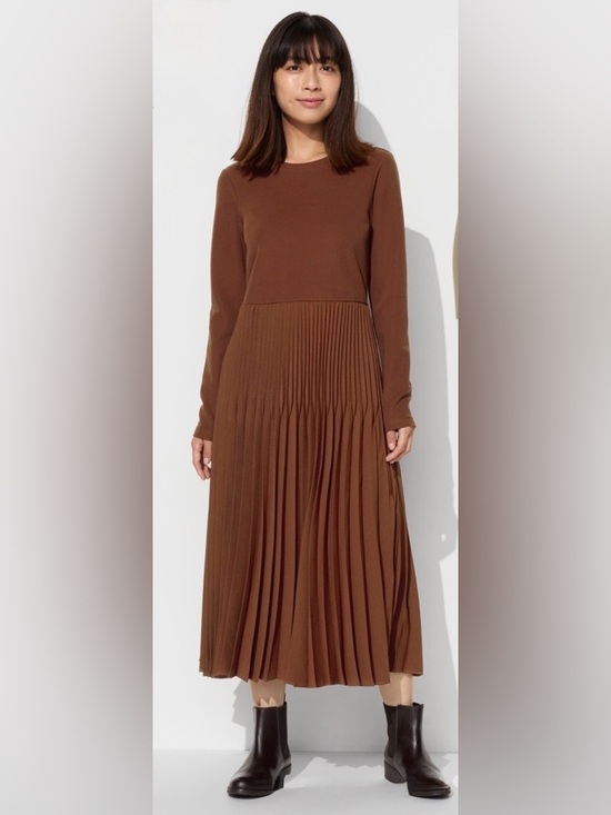 Uniqlo Dresses & Skirts - EUC [Uniqlo] Pleated Long Sleeve Combination Tiered Flared Dress Brown Women’s M